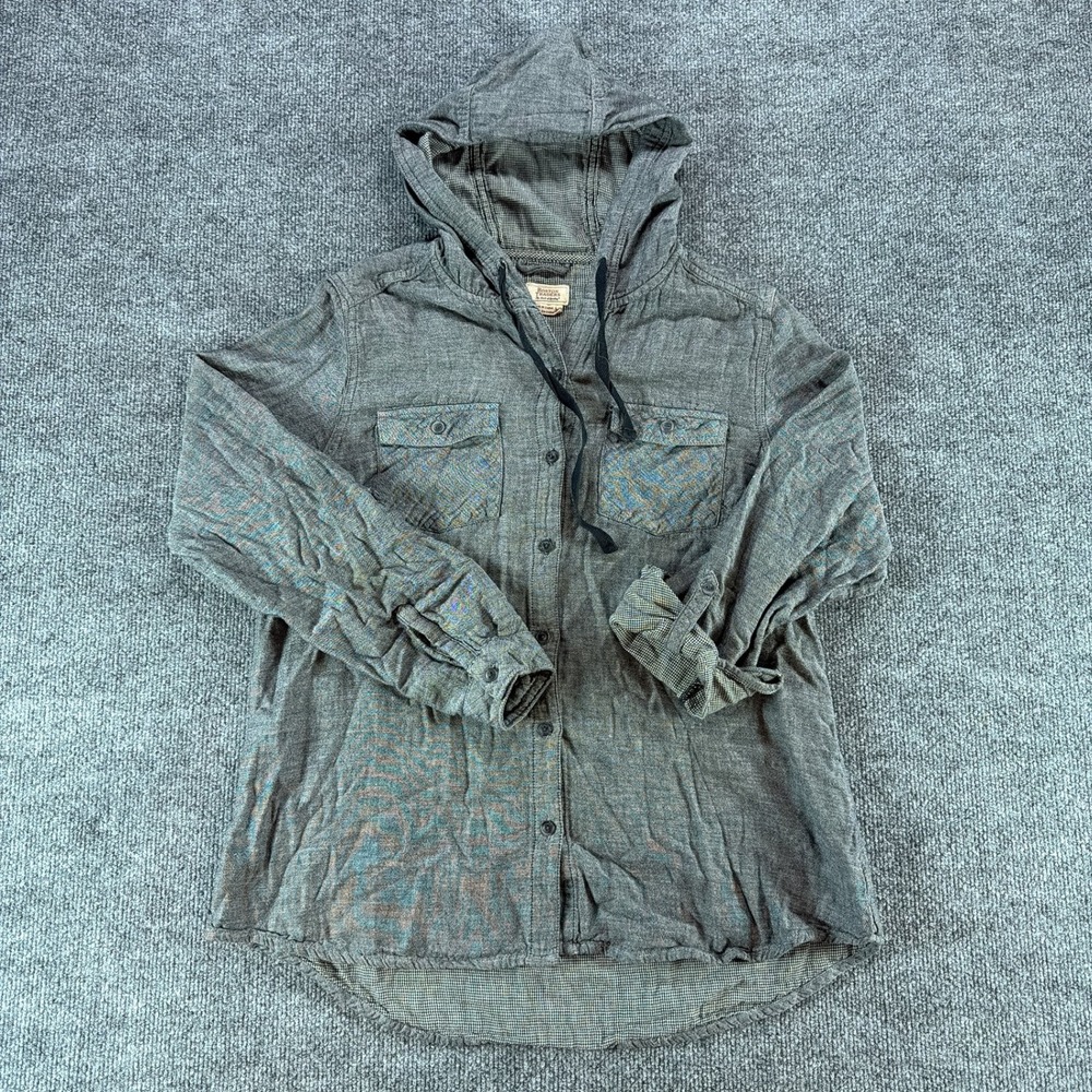 Boston Traders Womens Gray Hooded Button Down Shirt Large Streetwear Casual
